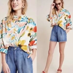 Anthropologie Yellow Orange Graphic 3/4 Sleeve Button Down Shirt